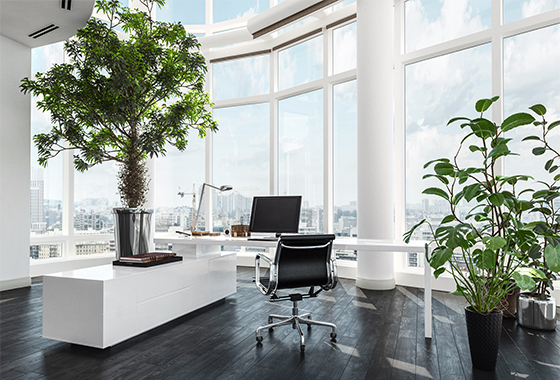 Office with large windows overlooking city